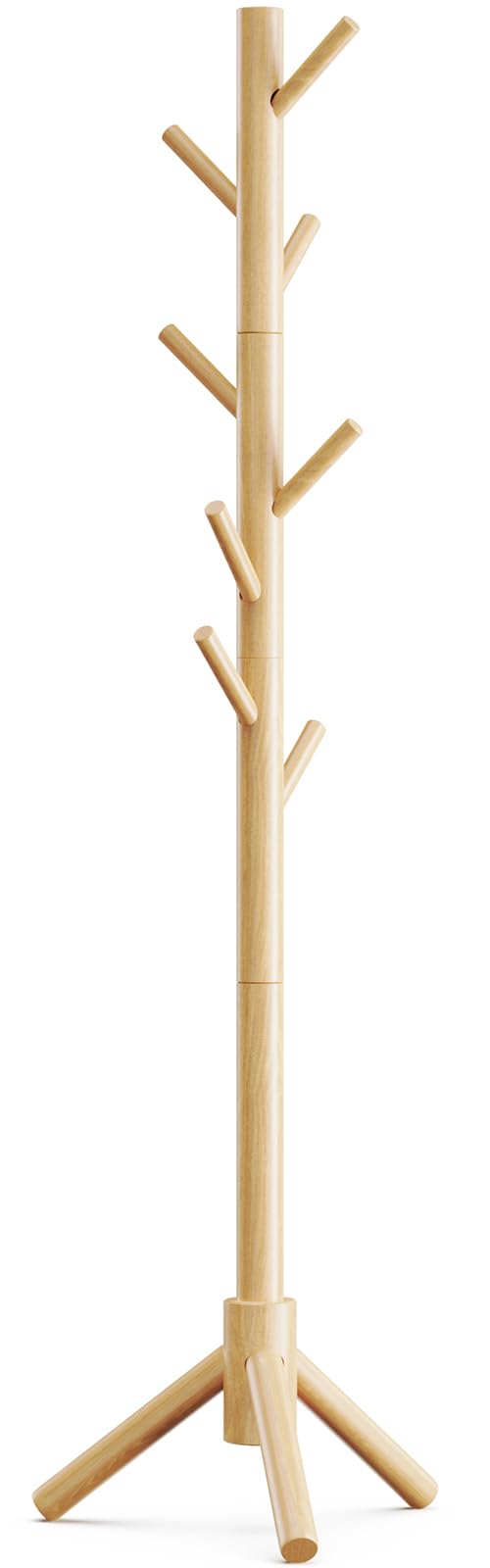 Pipishell Coat Rack Sturdy Wooden Coat Rack Stand, Adjustable Coat Tree, Free Standing Tree Hanger with 4 Sections & 8 Hooks, for Home/Bedroom/Office/Hallway/Entryway
