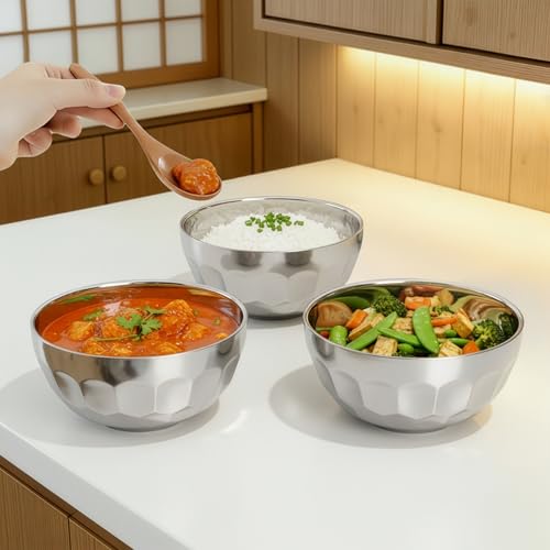 Okllen 6 Pack Stainless Steel Bowls, 15 Oz Double-Walled Metal Soup Bowls, 18/8 Stainless Steel Lightweight Salad Bowls Snacks Bowls Multipurpose Dinner Bowl for Rice, Noodle, Fruit, Cereal