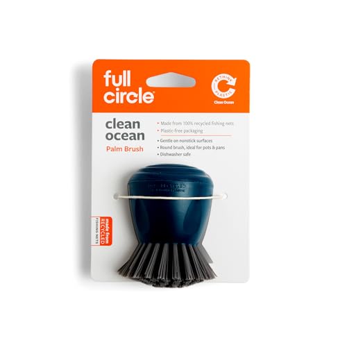 Full Circle Clean Ocean Palm Brush for Dishes, pots & Pans. Ergonomic Grip. Made Out of 100% Recycled Fishing Nets. Dishwasher Safe