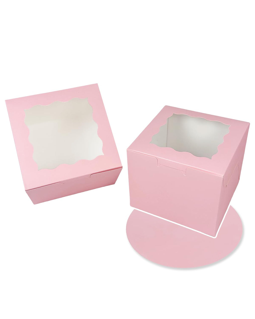 qiqee 8x8x5 Cake Box, 18 Sets Pink Cake Box with Window ＆ 18 Sets 8" Pink Cake Round Boards, 8inch Cake Containers