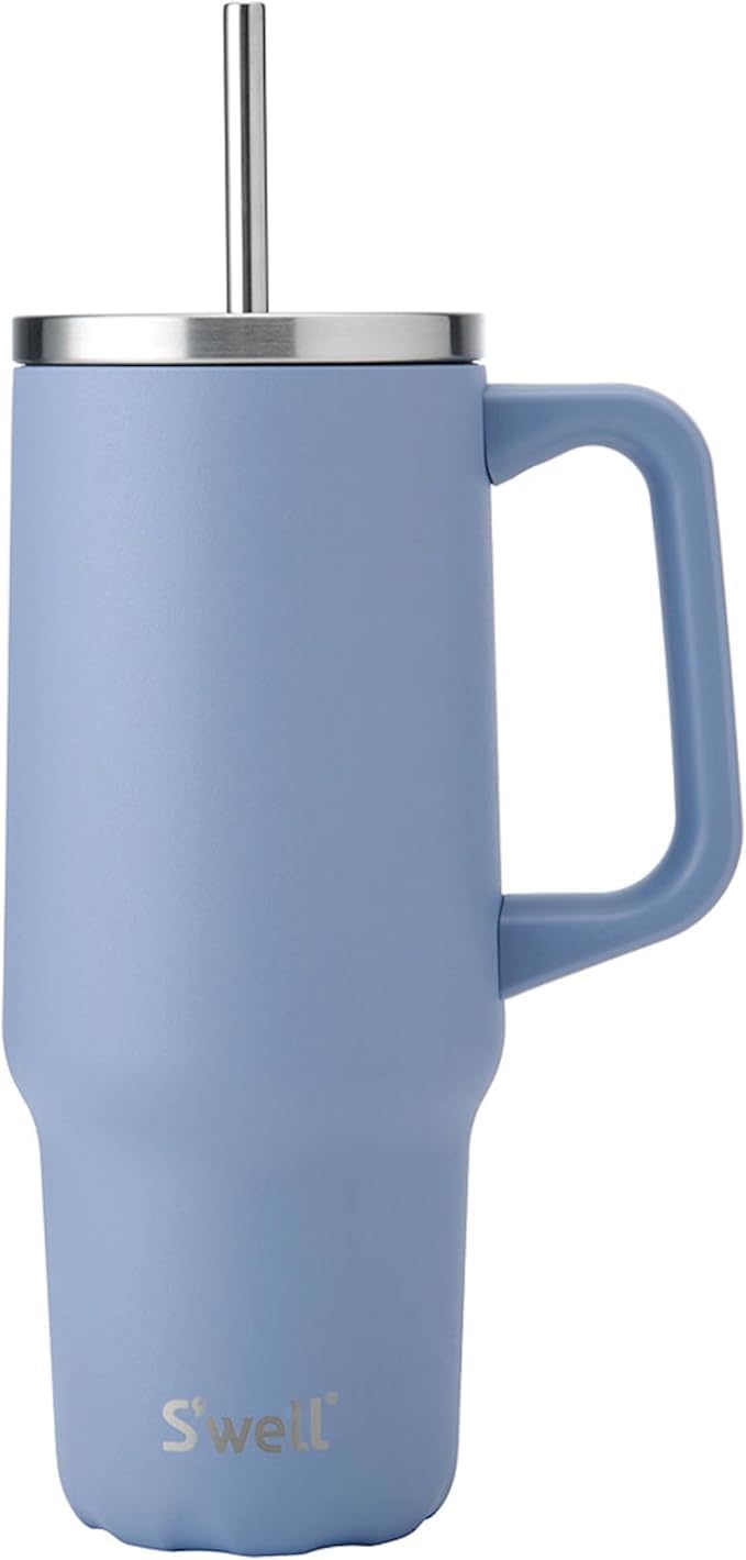 S'well - Recycled Stainless Steel Tumbler XL with Straw and Handle, Triple Layered Vacuum Insulated Containers Keeps Drinks Cold for 50 Hours and Hot for 10 (30 oz, Hydrangea Blue)