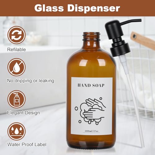 Ceecysaa Glass Soap Dispenser, 500 ml Soap Dispenser, 2 Pack Bathroom Hand Soap Dispenser with Pump, Amber Glass Bottles,Hand and Dish Soap Dispensers Sets for Kitchen,Bathroom