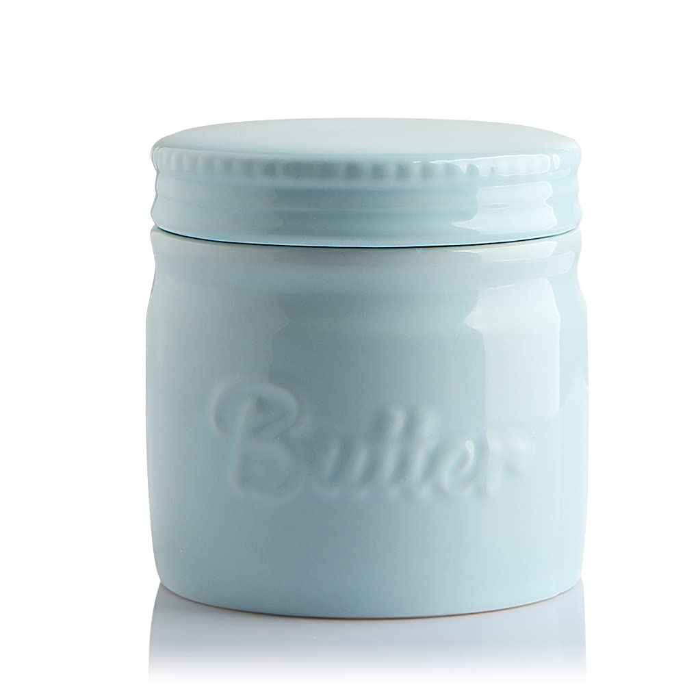 SWEEJAR Porcelain Butter Crock with Lid, Ceramic Butter Container for Soft Butter, French Butter Dish with Water Line Storage for Countertop (Turquoise)