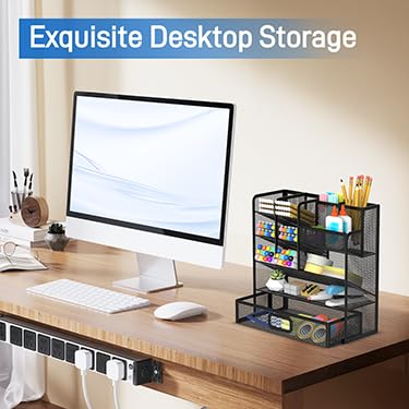 Mesh Pen Holder Desk Organizer, Multi-Function Pen Organizer with Drawer, Cute Desk Organizers and Accessories for Office Supplies Black