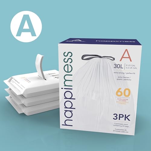 happimess HPM3000A-WHITE 7.9 Gallon Kitchen Drawstring Trash Bags, Trash Can Liner, White, 60-Count, 3-Packs of 20 Liners