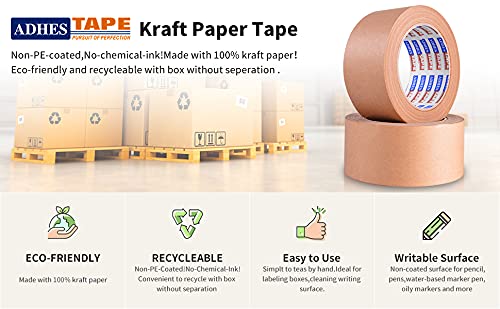ADHES Heavy Duty Paper Packing Tape, Eco Friendly & Biodegradable, Writable & Uncoated Brown Packing Kraft Paper Tape for Masking, Sealing, and Packaging Use, 2 Inch x 43 Yards, 3 Rolls