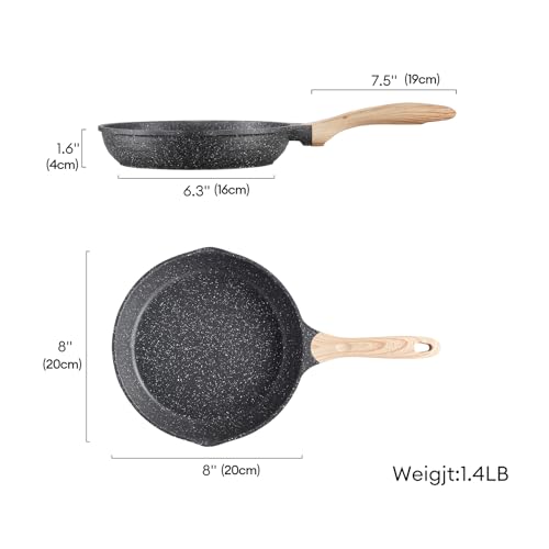 JEETEE 8 inch Nonstick Frying Pan Granite Stone Coating Cookware, Nonstick Omelette Skillet with Soft Touch Handle, All Stove Induction Compatible (Gray)