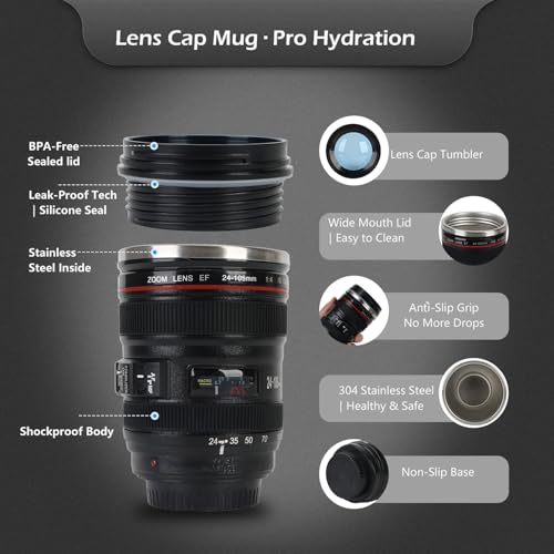 Camera Lens Coffee Mug 350ml Tumbler with Transparent Lid,Black