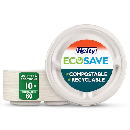 Hefty™ ECOSAVE Compostable Disposable 3-Compartment Paper Plates Dinner 10", 80 Count, White, Divided Plate so sauces and Foods Stay Where You Want Them to