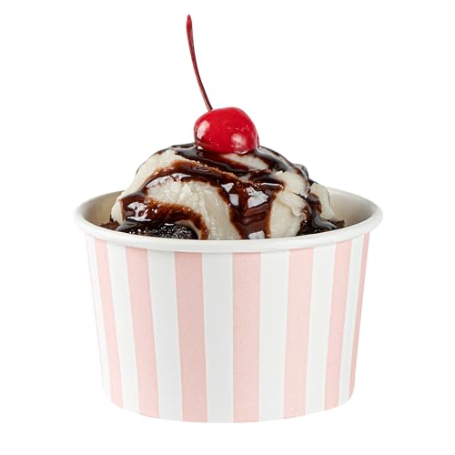 Coppetta 5-Ounce Dessert Cups, 50 Disposable Ice Cream Cups - Lids Sold Separately, Striped, Pink and White Paper FroYo Bowls, for Hot and Cold Foods, Perfect for Gelato Or Mousse - Restaurantware