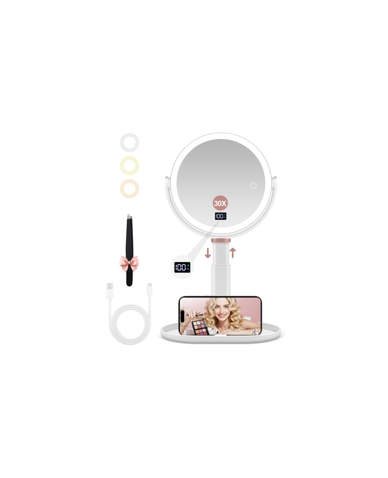 GOMIPURU Makeup Magnifying Mirror with Light 30X/1X, Digital Display, 2-Sided Touch Control, Makeup Mirror with 3 Color Lights,360°, Height Adjustable Lighted Magnifying Mirrors for Desk Travel,White