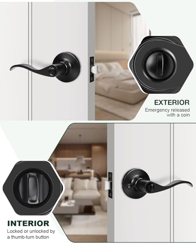 GOBEKOR 1 Pack Interior Privacy Door Handle with Lock Matte Black Door Lever for Bathroom and Bedroom Wave Style Door Handle Indoor Matte Black Reversible Keyless Turn Lock