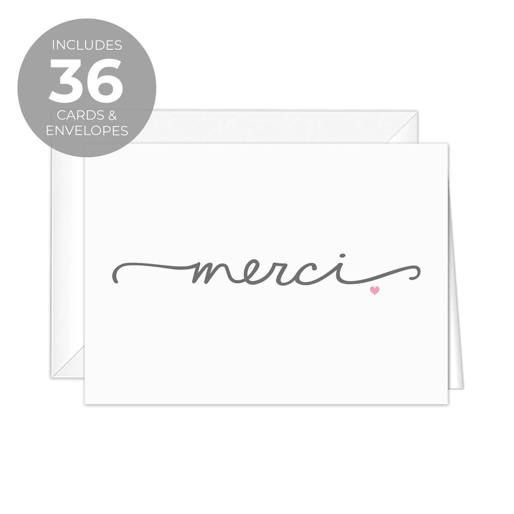 Merci Thank You Note Card Pack / 36 Merci Greeting Cards With White Envelopes / 4 7/8" x 3 1/2" All Occasion Appreciation Blank Cards/Made In Canada