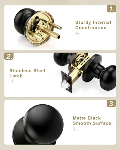GOBEKOR 1 Pack Matte Black Door Knob Interior, Passage Door Knob Handles Non-Locking, Flat Ball Knob Closet/Hall Doorknob Keyless, Solid Stainless Steel Door Handle Lock, Reversible for Right or Left