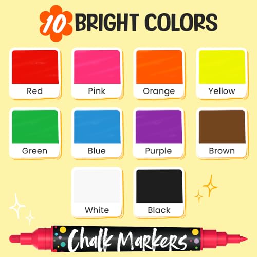 Chalkola Dual Tip Liquid Chalk Markers for Blackboard (10 Pack, 1mm+5mm Fine, Bold) - Dry Erase Marker Pens for Chalkboards Signs, Car Windows, Glass, Mirrors - Erasable Chalkboard Markers