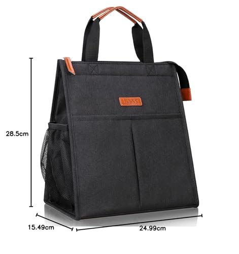 Lacdo Lunch Bag for Women Men Insulated Lunch Tote Bags Waterproof Reusable Lunch Box Soft Cooler with Pockets for Work School Travel Picnic, Black