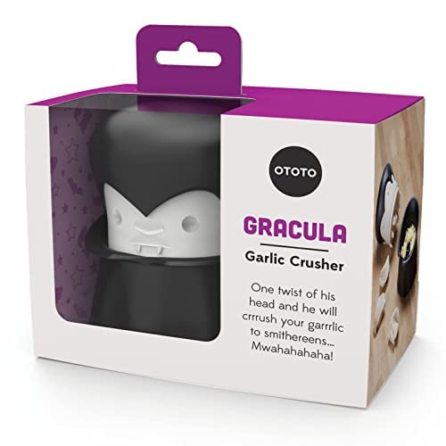 OTOTO Gracula Garlic Press, Garlic Mincer, Garlic Peeler Crusher, Halloween Kitchen - Also for Ginger, Nuts, Chili, Herbs - Spooky Goth Gifts, Vampire Mincer Easy Squeeze Manual Press, Dracula Gifts