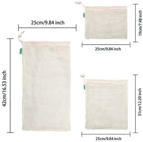 E-Know Produce Bags,11 Pack Reusable Produce Bags,Natural Mesh Cotton, Zero-Waste Produce Bags,Durable Double-Stitched Seams 3 Small,4 Medium, 3 Large,1 Storage Bag