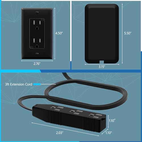 LIDER Flat-Face Outlet Extender with 3 Receptacles, Ultra-Thin Wall Plate Plug with Cord Extender and 3-Outlet Power Strip, 3ft Cord, LWE3-315-BK, Black