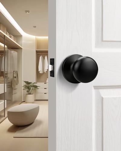 GOBEKOR 1 Pack Matte Black Door Knob Interior, Passage Door Knob Handles Non-Locking, Flat Ball Knob Closet/Hall Doorknob Keyless, Solid Stainless Steel Door Handle Lock, Reversible for Right or Left