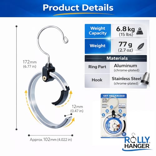 Rolly Hanger® Closet Space Saver – Premium Rotating Aluminum Organizer for Belts, Ties, Hats & Handbags – Heavy Duty 360° Swivel – Declutter & Maximize Storage (1 Pack)