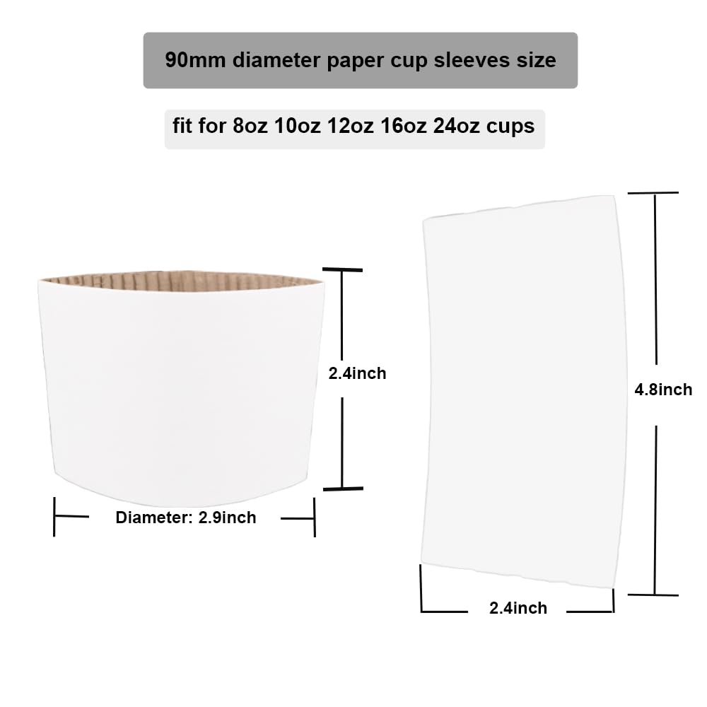 EchoDone Disposable Coffee Cup Sleeves for Hot or Cold Drinks Paper Corrugated Cup Jackets 200 Count Color White Fit for 90mm Diameter Cups 10oz 12oz 16oz (Without Cups)