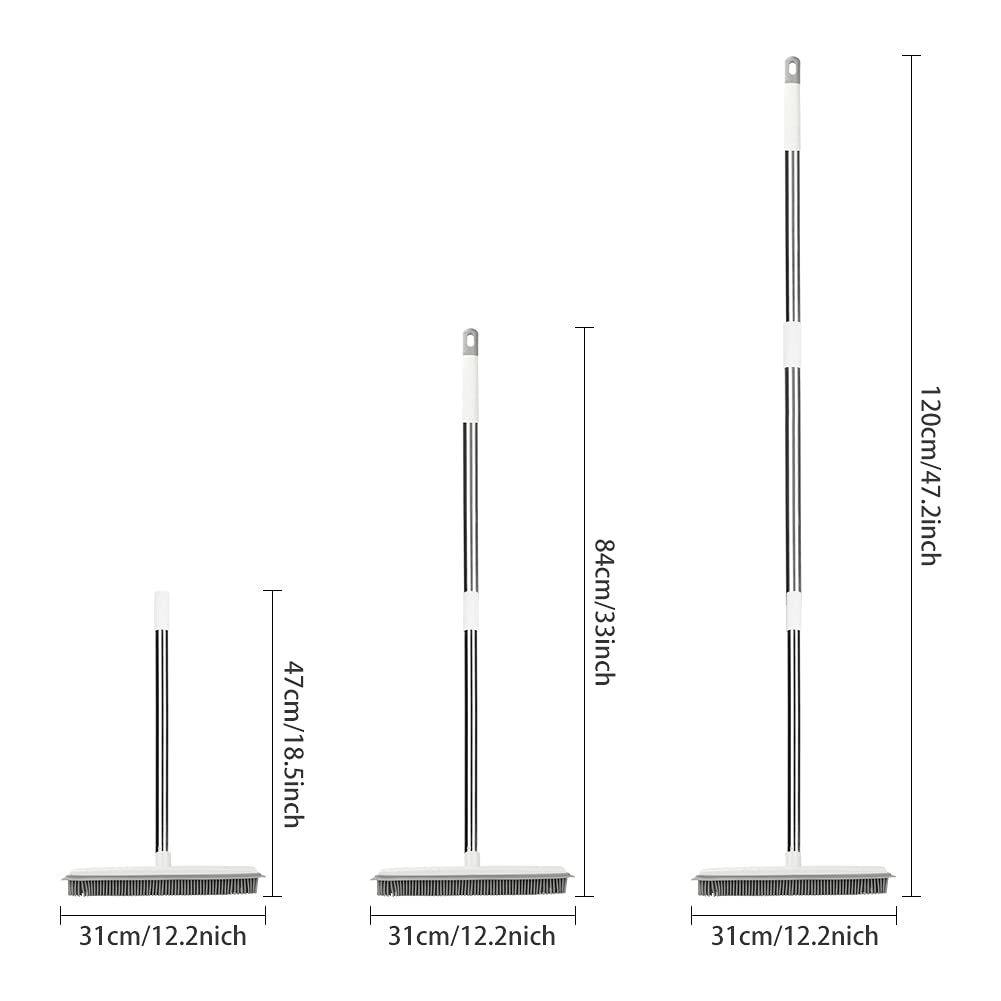 Push Broom Pet Hair Removal Broom with Squeegee, Soft Silicone Bristle Broom with 47" Adjustable Long Handle, Non Scratch Carpet Sweeper Brush for Cat/Dog Hair Hardwood Tile Windows