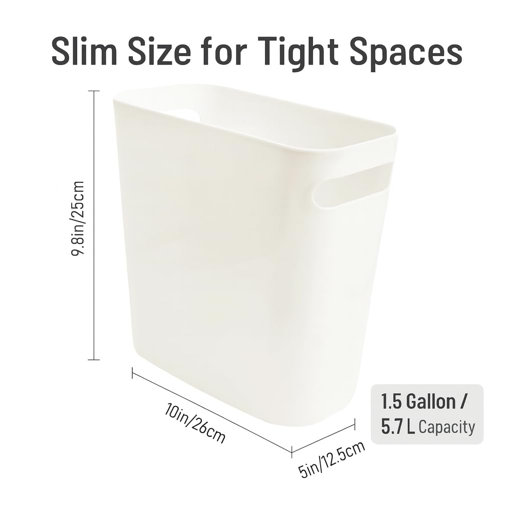 Trash Can with Handle 4 Pack, 1.5 Gallon Slim Garbage Bin for Small Spaces, Rectangular Plastic Wastebasket for Bathroom, Bedroom, Office, Under Sink, Ivory