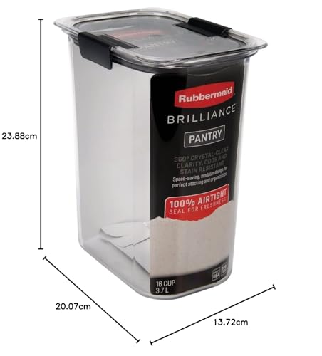 Rubbermaid Brilliance Airtight Food Storage Container | Pantry Storage Container for Flour, Sugar, and Rice | 3.7 L (16 Cup)
