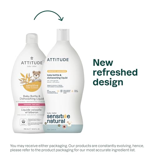 ATTITUDE Baby Bottle & Dish Soap with Oat Extract, EWG Verified Bottle Cleaner For Sensitive Skin, Fragrance Free & Dye Free, Removes Milk Residue & Grease, Vegan, Unscented, 700 mL