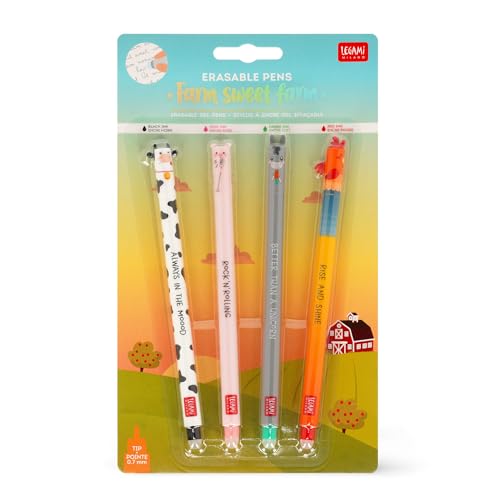 Legami - Set of 4 Farm Sweet Farm Erasable Gel Pens, Pens with Thermosensitive Erasable Ink, Black, Pink, Green, Red, Erases Without Consuming the Sheet, 0.7 mm Tip