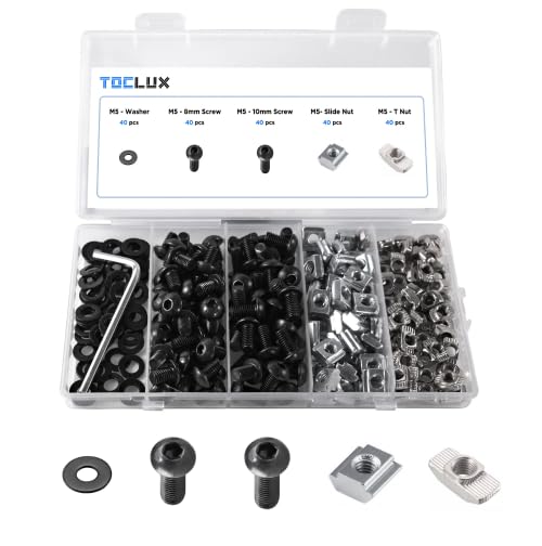 200pcs 2020 Series M5 T Nut and Black Screw Kit – Sliding & Drop-in T-Nuts, M5x8 & 10mm Black Screws, Washers, Hex Wrench – for 6mm T-Slot Aluminum Extrusion Accessories Extruded Aluminum Hardware
