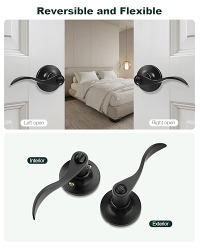GOBEKOR 1 Pack Interior Privacy Door Handle with Lock Matte Black Door Lever for Bathroom and Bedroom Wave Style Door Handle Indoor Matte Black Reversible Keyless Turn Lock