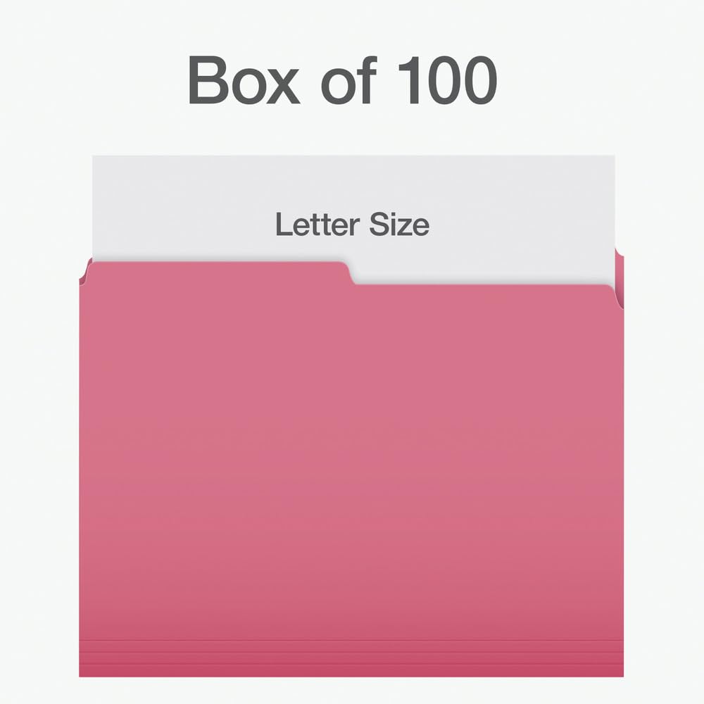 Pendaflex File Folders, 1/2 Cut Tab, Letter Size, Pink, Durable Paper Stock, 100/Box, Ideal for Office/Home/School File Organization, Made in Canada