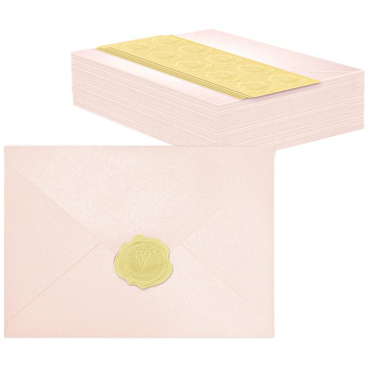 50 PCS Pearl Pink A7 Envelopes with Stickers, Shimmering 5x7 Envelopes for Invitations, Great for Wedding Invitation Cards, Birthday RSVP, Graduation, Baby Shower 5.25 x 7.25 inches