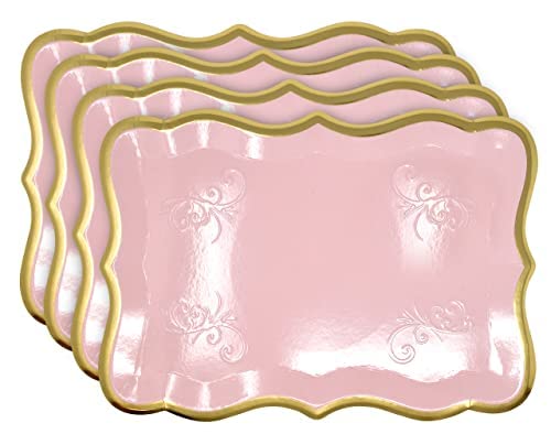 10 Pink Rectangle Trays with Gold Rim Border for Elegant Dessert Table Serving Parties 9" X 13" Disposable Paper Cardboard Platters for Cupcake Display Wedding Baby Shower & Birthday Party Food Safe