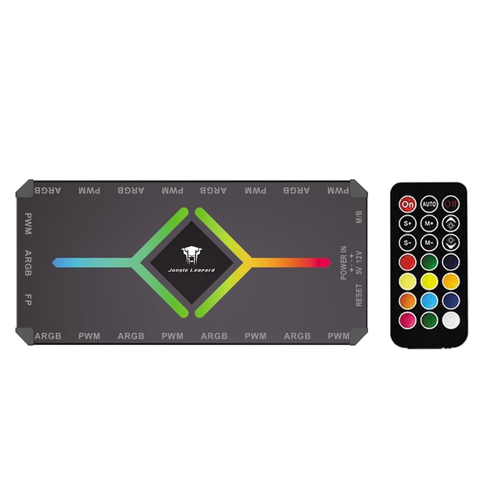 Jungle Leopard ARGB and PWM Black Fan Hub Controller, 1 to9 Ports for A-RGB &PWM Case Fan Hub with Controller and SATA Power Input, Magnetic backplane Splitter 5V/3PIN Adapter