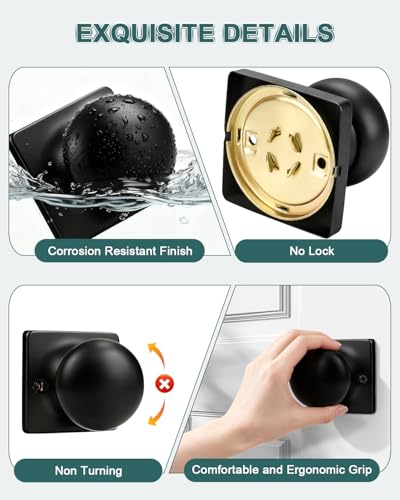 GOBEKOR 2 Pack Dummy Door Knob Interior Matte Black Dummy Door Knobs Round Keyless Stainless Steel Single Side Door Knobs for French Doors