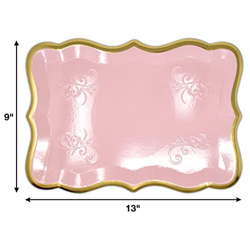 10 Pink Rectangle Trays with Gold Rim Border for Elegant Dessert Table Serving Parties 9" X 13" Disposable Paper Cardboard Platters for Cupcake Display Wedding Baby Shower & Birthday Party Food Safe