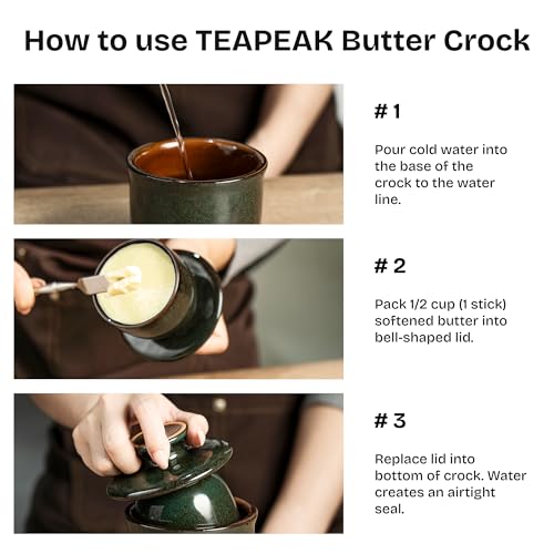 Teapeak Pottery Butter Keeper Crock - Ceramic Butter Dish with Water Line for Countertop, Keep Butter Fresh (Greenish Brwon)