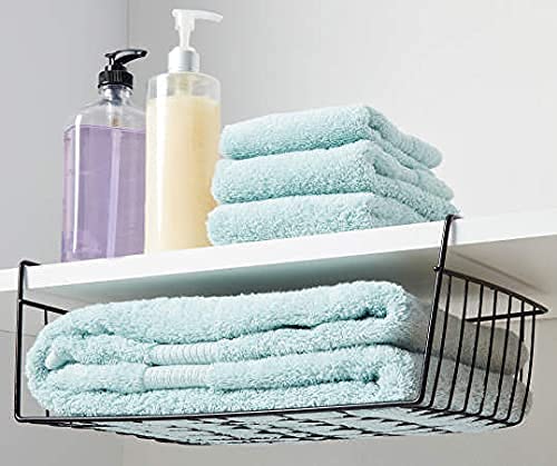Tebery 2 Pack Black Under Cabinet Storage Shelf Wire Basket Organizer Fit Dual Hooks for Kitchen Pantry Desk Bookshelf