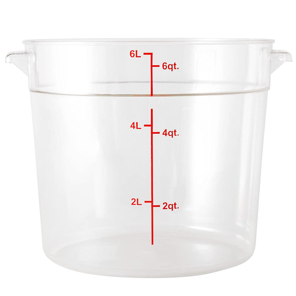 Restaurantware-Met Lux 6 Quart Food Storage Container, 1 Round Commercial Storage Container - Lid Sold Separately, with Volume Markers, Clear Plastic Food Prep Bucket, Space-Saving Storage