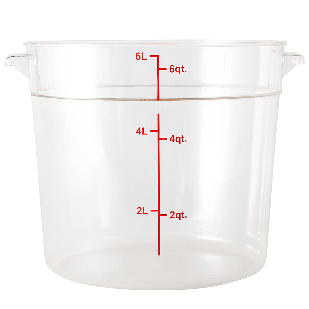 Restaurantware-Met Lux 6 Quart Food Storage Container, 1 Round Commercial Storage Container - Lid Sold Separately, with Volume Markers, Clear Plastic Food Prep Bucket, Space-Saving Storage