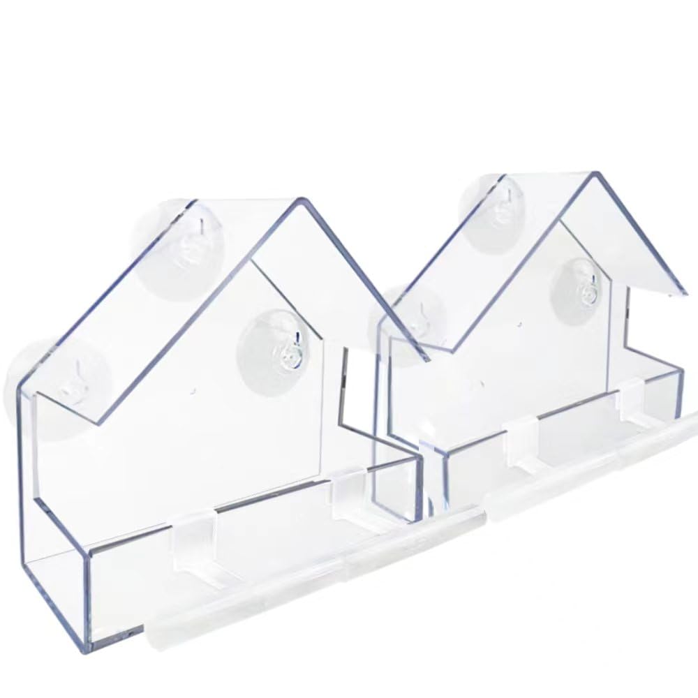 WLLKOO Window Bird Feeder 2 Pack, Bird House for Outside with 4 Rod, Small Acrylic Window Bird Feeder with Strong Suction Cups and Drain Holes 5.9 * 2.4 * 5.9 inch