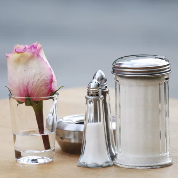 Tebery 4 Pack Sugar Shaker Dispenser Airtight, 12 Oz Thick Glass Sugar Pourer Container with Pour Flap Lid, Powdered Creamer Spice Dispenser for Coffee Bar, Salt, Pepper, Retro Style