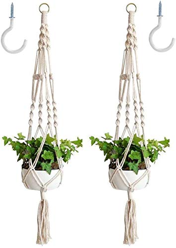 Sfee 2 Pack Macrame Plant Hangers, Hanging Planters Indoor Outdoor Handmade Cotton Rope Hanging Plant Pot Durable Flower Pots Holder for Home Garden Balcony Ceiling Decorations with 2 Hooks(White)