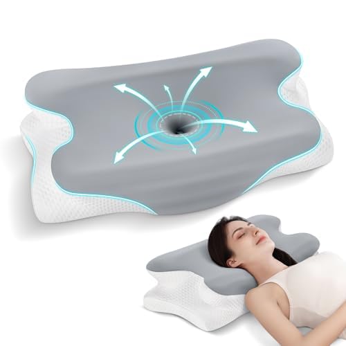 JINXIA Cervical Neck Pillows for Neck and Shoulder Pain Relief, Contour Memory Foam Pillow with Cooling Silk Case, Sleeping Cooling Neck Support Pillow, Back & Stomach Sleepers, White & Gray