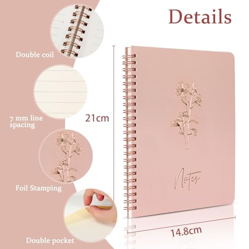 3 PCS Aesthetic Spiral Notebooks, A5 Hardcover College Straight Line Horizontal Line Notebooks for School and Work, Cute journaling notebook with Large Pocket Lined Pages