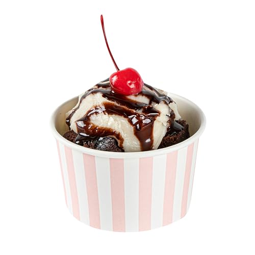 Coppetta 5-Ounce Dessert Cups, 50 Disposable Ice Cream Cups - Lids Sold Separately, Striped, Pink and White Paper FroYo Bowls, for Hot and Cold Foods, Perfect for Gelato Or Mousse - Restaurantware