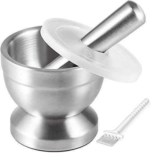 Tera 18/8 Stainless Steel Mortar and Pestle with Brush,Pill Crusher,Spice Grinder,Herb Bowl,Pesto Powder 250ml